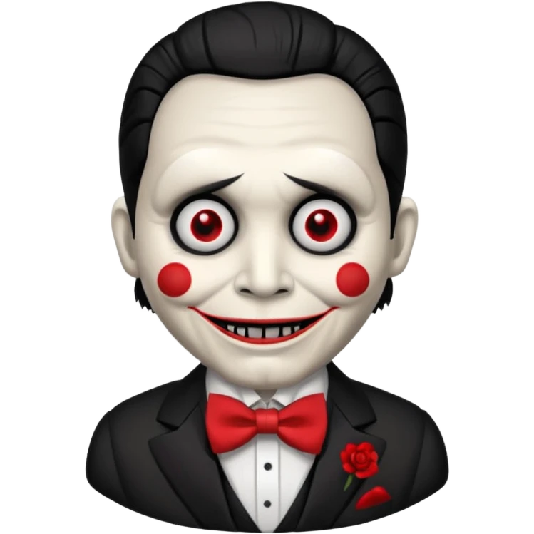 Billy the puppet from Saw, emoji style, close-up face, red spiral cheeks, black hair, red eyes emoji