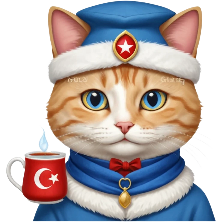 Arkasında Türk bayrağı olan  ve çay içen kafasına fes takan bir van kedisi emoji