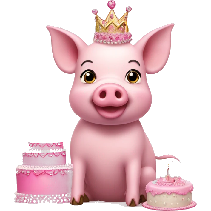 Pink pig in tutu and tiara with birthday cake  emoji