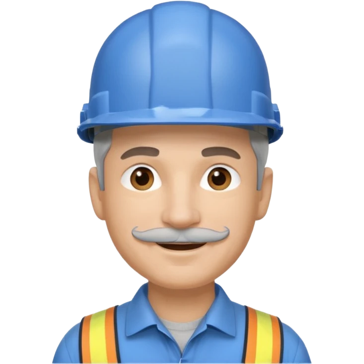 A man emoji with light skin, wearing a blue construction helmet, short gray hair on the sides, straight eyebrows, brown eyes, a small nose, and a thin gray mustache above his smiling mouth. emoji
