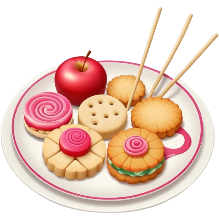 A combination of red apple, fish cake with pink swirl (narutomaki), rice cracker (senbei), and dango on a stick arranged together as a food plate emoji