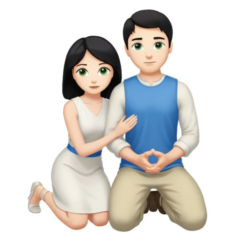 Man as king, black Hair, blue eyes, woman, blonde, green eyes, shott white sleveless Dress, kneeling, background palace emoji