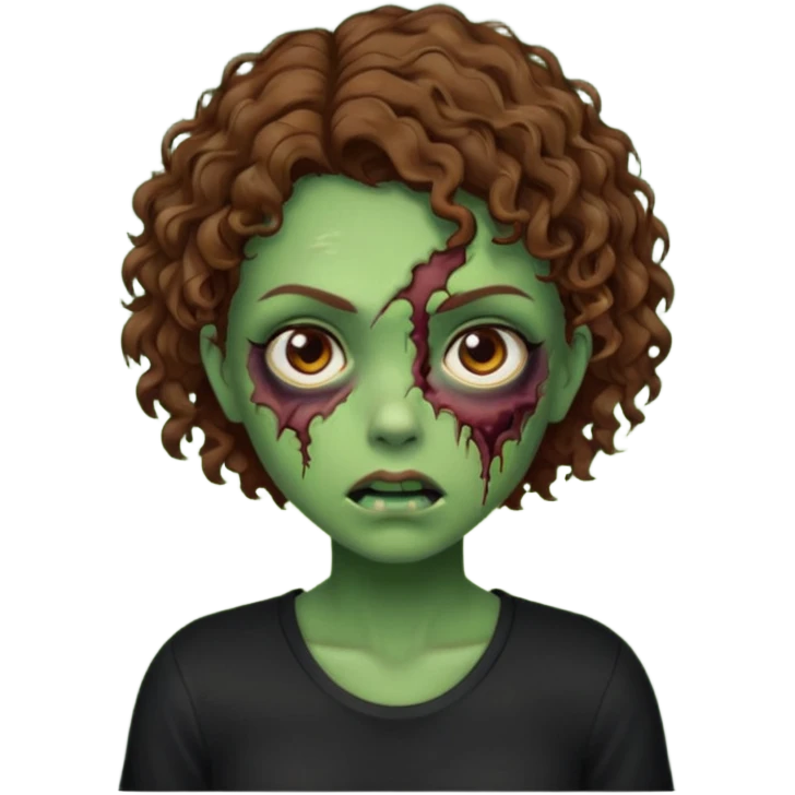 Zombie girl emoji verde com cabelo curto cacheado castanho com uma blusa preta emoji