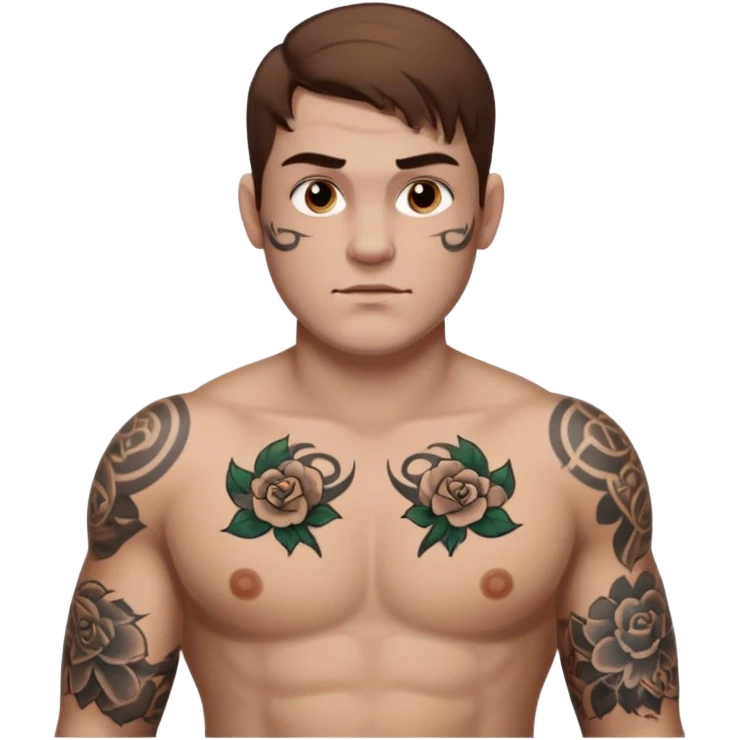 tattoo man, fair white skintone,brown hair, tattoos on face, more visible, bulky man with tattos on his chest, heavy tattooos. emoji
