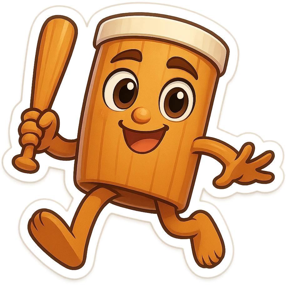 square image of absurd wooden stick-man creature, drum-like cylindrical body, holding baseball bat, cartoon style, bright vivid colors, dynamic pose,  emoji
