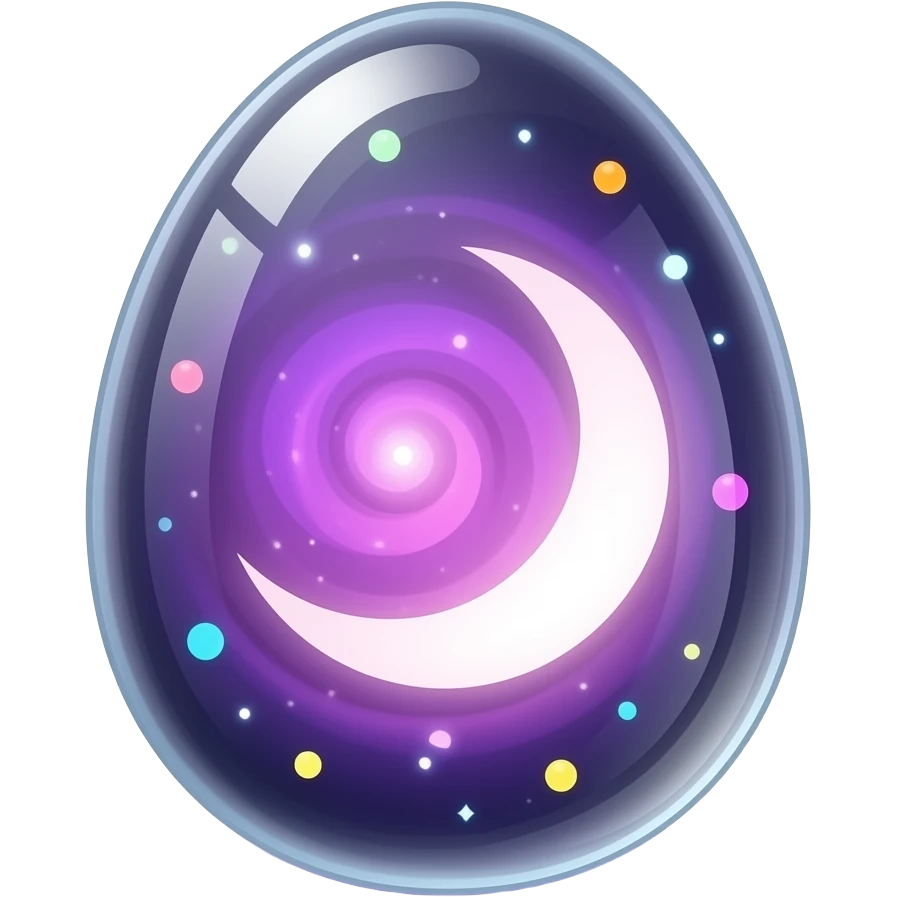 transparent glowing cosmic egg with no visible shell, fully see‑through, containing a swirling purple‑pink nebula and a luminous crecent moon, floating multicolored light orbs inside, isolated object, transparent background emoji
