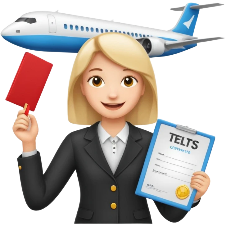 emoji student happy holding certificate IELTS 7.0, success, airplane, white background emoji