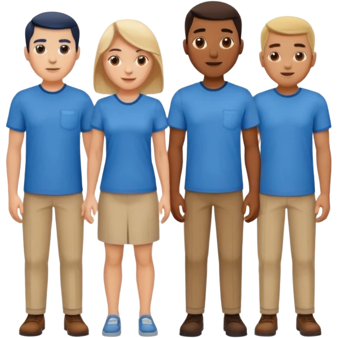 CREA UN EMOJI DE 7 PERSONAS HOMBRES Y MUJERES, CON CAMISA AZUL SOLO 7 SIETE PERSONAS CUERPO COMPLETO emoji