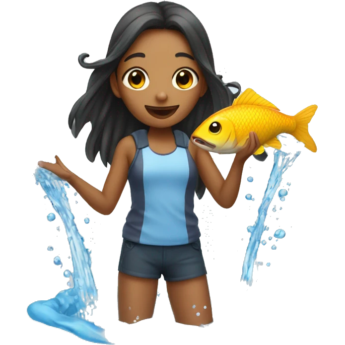 a girl is holding a fish, water splashing out emoji