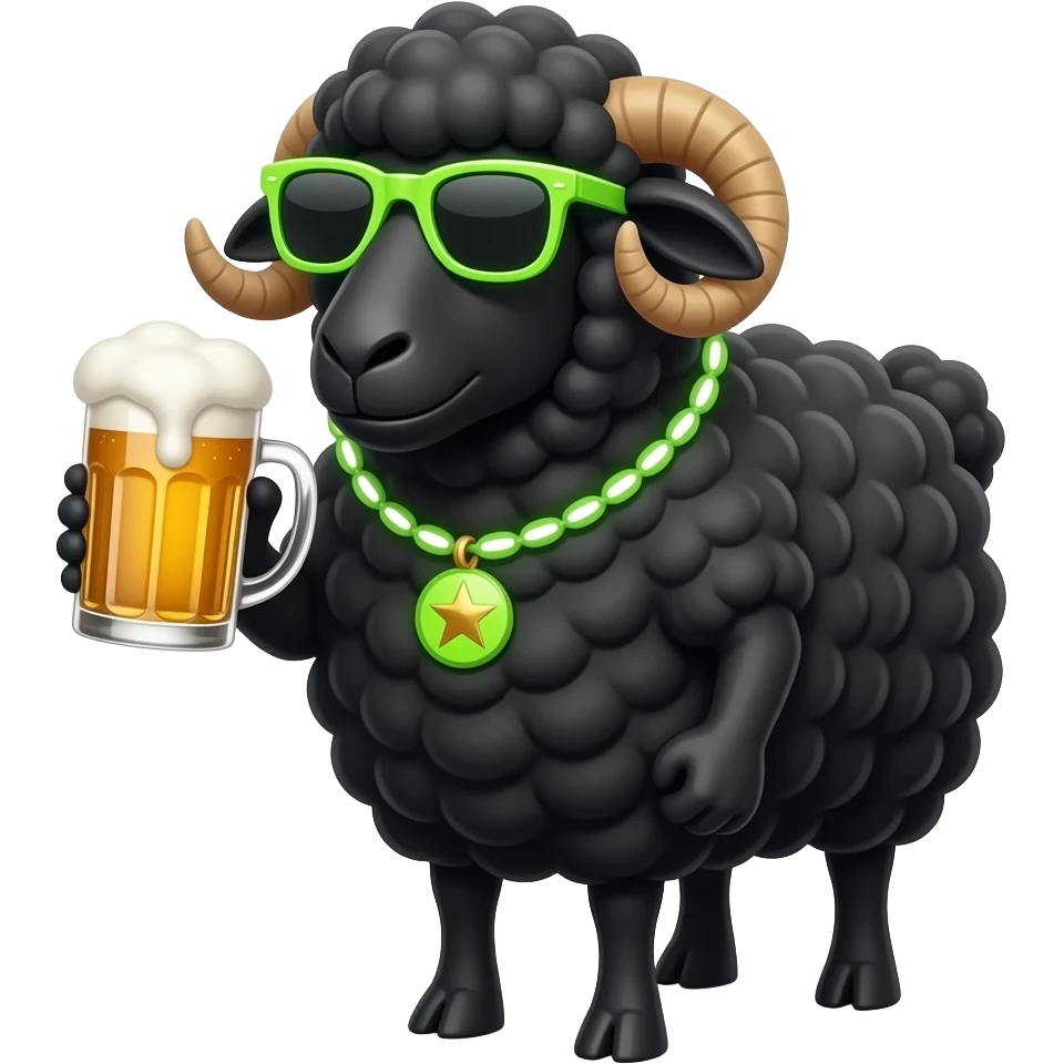 Black Sheep wearing neon sunglasses, necklace and drinking beer emoji