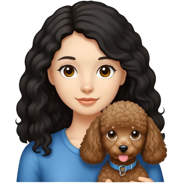 A girl with fair complexion with black long hair, dimples and brown eyes and miniature poodle emoji
