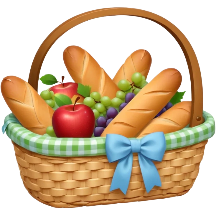 A white Picnic basket with pastel blue bow，contained baguettes and fruit, emoji