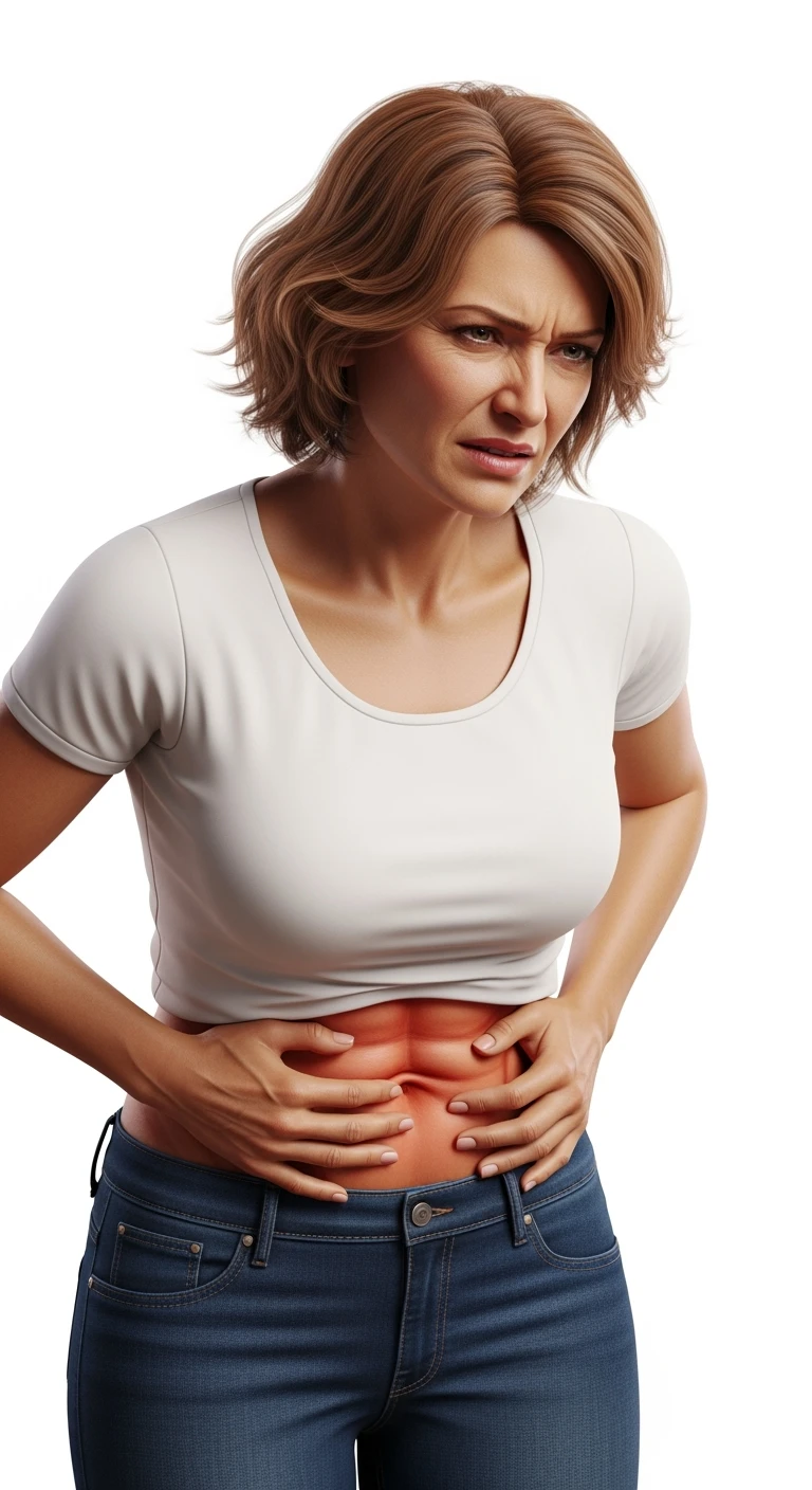 DONNA 50ENNE CON INTESTINO DOLORANTE VISIBILE, iperrealistico 4k, ISOLATA SU SFONDO BIANCO emoji