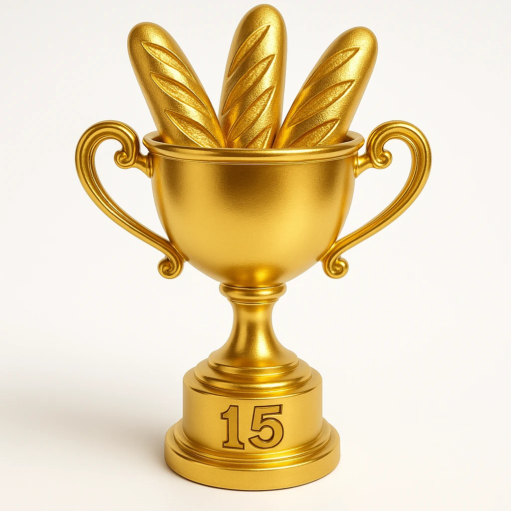 Add the numbers 1 to 15 in bold, clear font at the base of the gold trophy cup filled with baguettes. Keep the gold and shiny style consistent. emoji