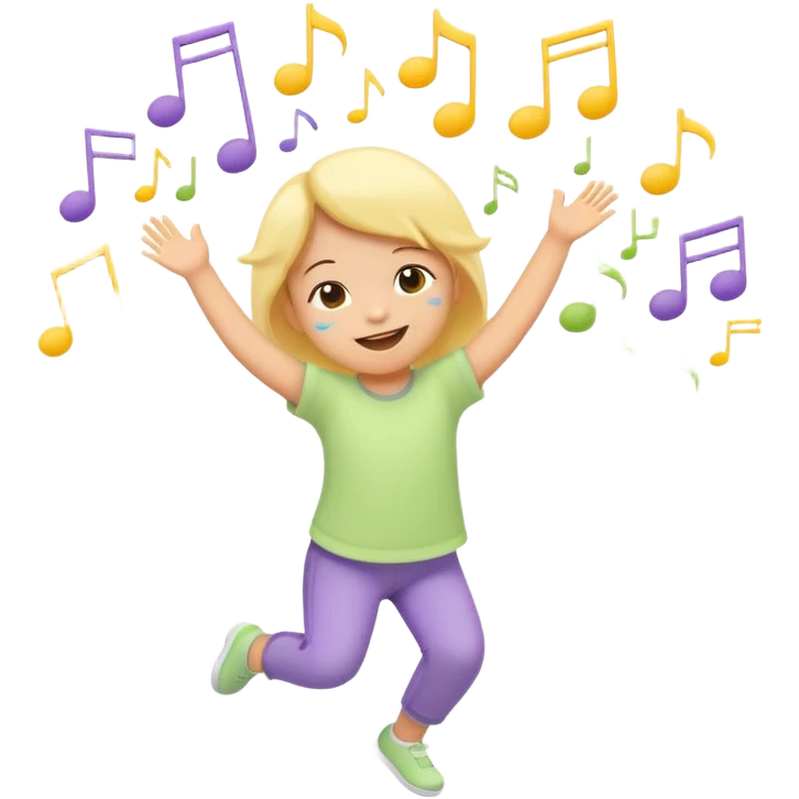 Flat illustration emoji of a small child dancing or moving joyfully to music, musical notes floating around, smiling expression, soft pastel colors (yellow, lavender, light green), rounded shapes, minimal details, child-friendly, warm and playful style emoji