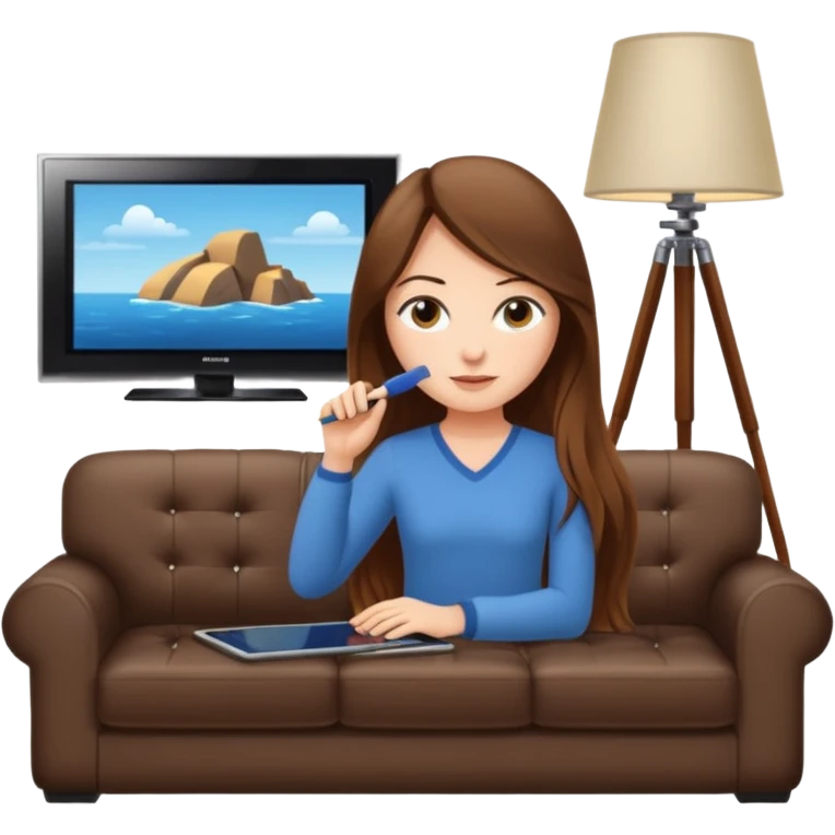 beautiful girl with long brown hair constructing new lounge room area with flat screen tv and couch emoji