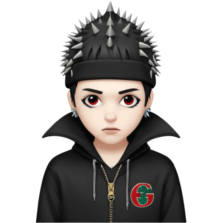 vampire emoji with spiky emo hair wearing a gucci hat sideways and a nike tech hoodie emoji