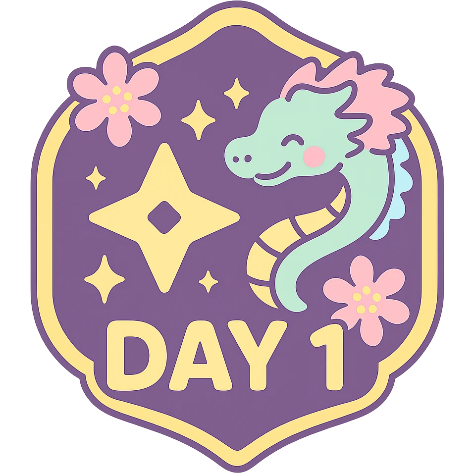 Add the text 'DAY 1' in bold, easy-to-read anime-style font to the badge. Keep the rich purple background with gold accents, the elegant and detailed Japanese dragon, Japanese crest shape, sakura flowers, ninja star, and sparkly effects. Make sure the text stands out clearly. Transparent background, sized for Twitch or Discord use. emoji