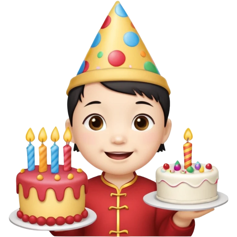 with chines cute baby wearing birthday hat with birthday cake emoji
