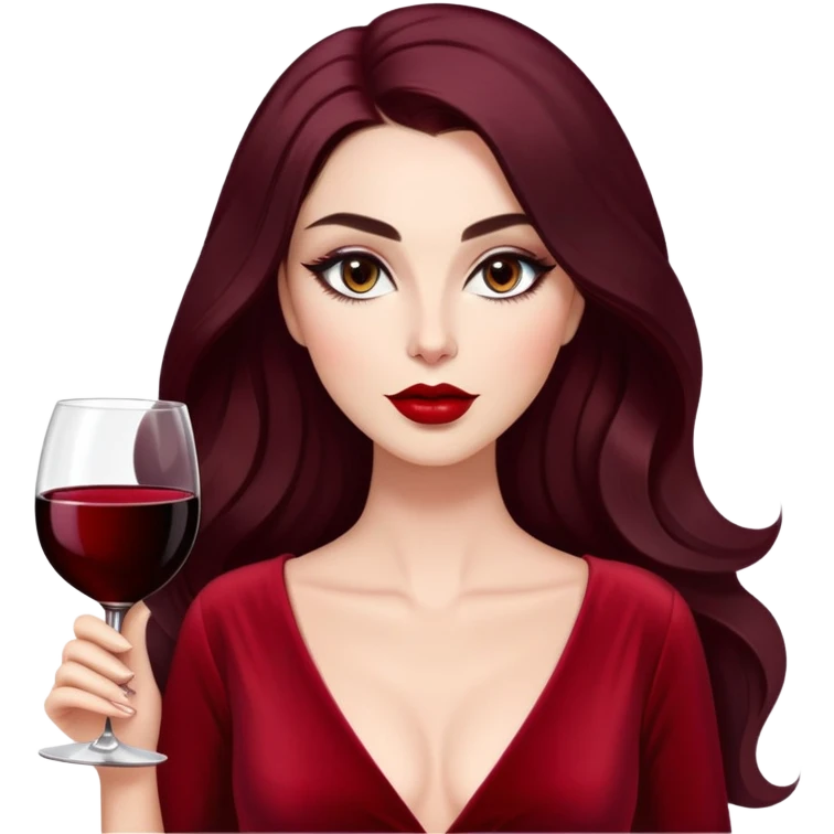 Glamorous woman with radiant fair skin, elongated face, large dark almond eyes with dramatic eyeliner, thick defined eyebrows, full red lips, long dark straight hair with soft waves at ends, wearing wine red velvet V-neck dress, confident expression emoji