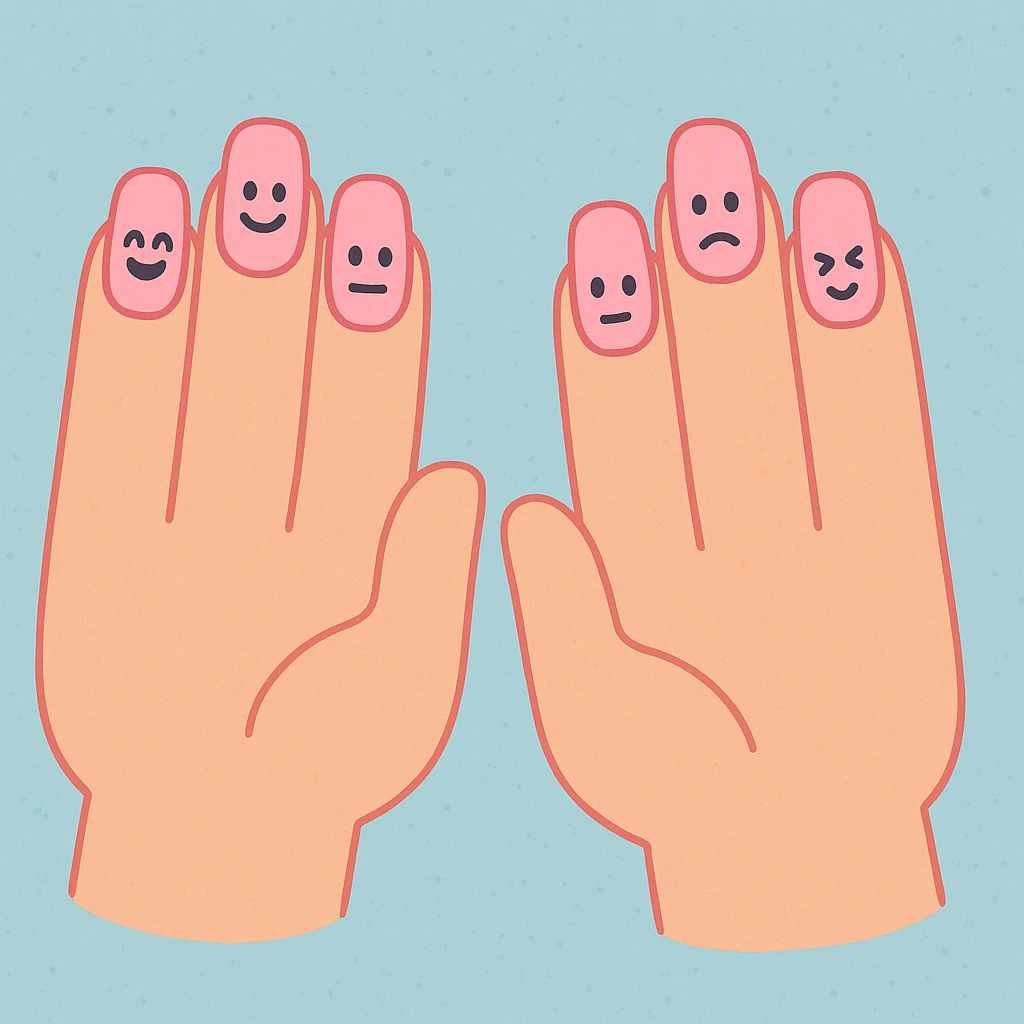 pink cute press on nails on cute hands, pastel toon style, gentle shading, playful look emoji