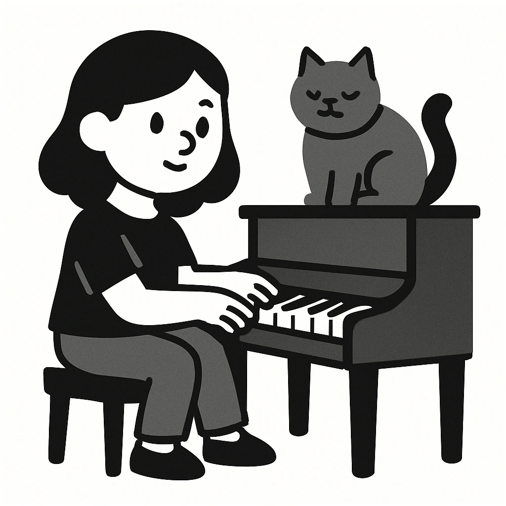 woman playing piano while her cat sits on top of the piano emoji