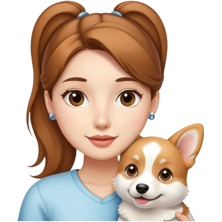 The beautiful girl with brown ponytail hair  holding a white corgi emoji