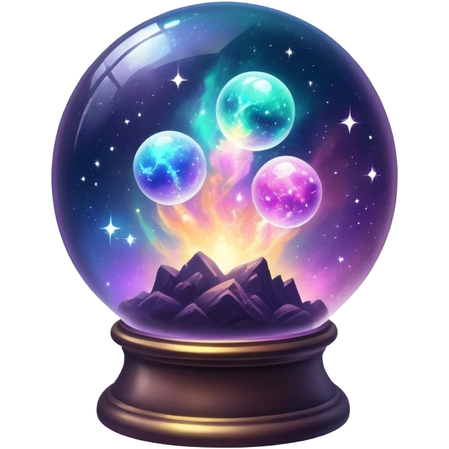 Tiny mystical mysterious sparkly magical glowing spherical nebula planets inside a glass globe dome emoji