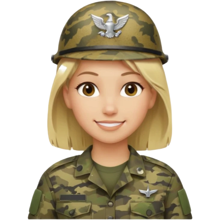 Apple-style emoji: female soldier, bust, no cap/helmet, friendly smile, generic camo top, blonde hair emoji