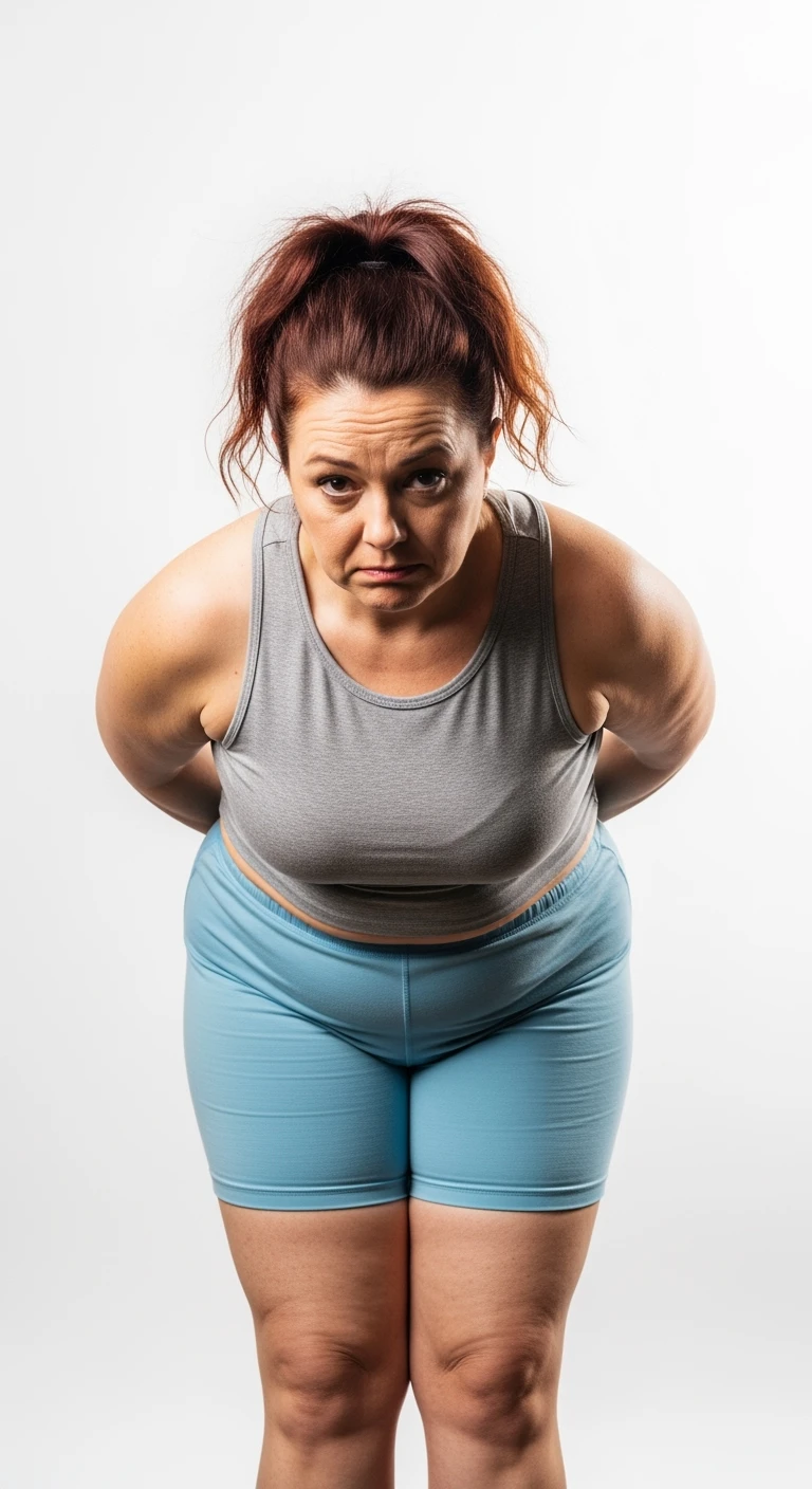 donna con cellulite in gym short leggermente piegata in avanti, con espressione dispiaciuta in volto isolata su sfondo bianco emoji