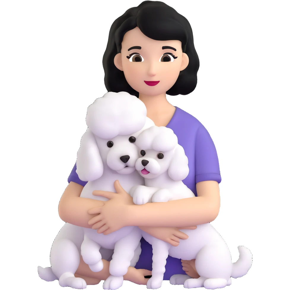 woman with short black hair hugging a brown poodle and a white bichon frise emoji
