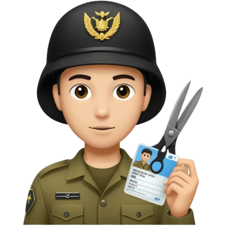 Floating black Scissors cutting in half an idf soldier ID card with a little chip in 2 parts .hyper realistic emoji