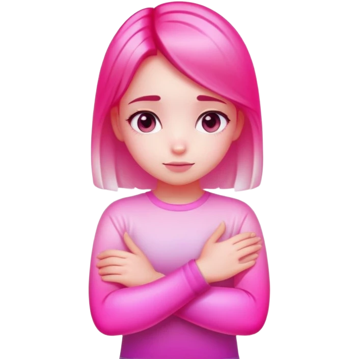 Shy girl character with arms crossed, transparent glass style, bright pink gradient, soft shadows and highlights, minimalist cute design emoji