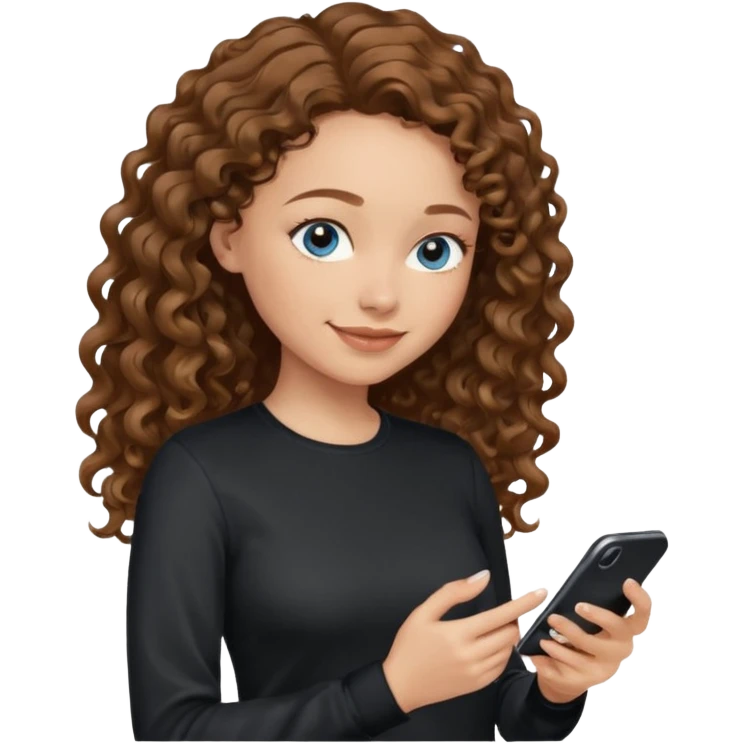 generate a pretty woman with blue eyes, light skin and medium brown long wavy/curly shiny hair holding a phone she is looking at the phone while looking down at the screen. she is wearing an ALL black long sleeve emoji
