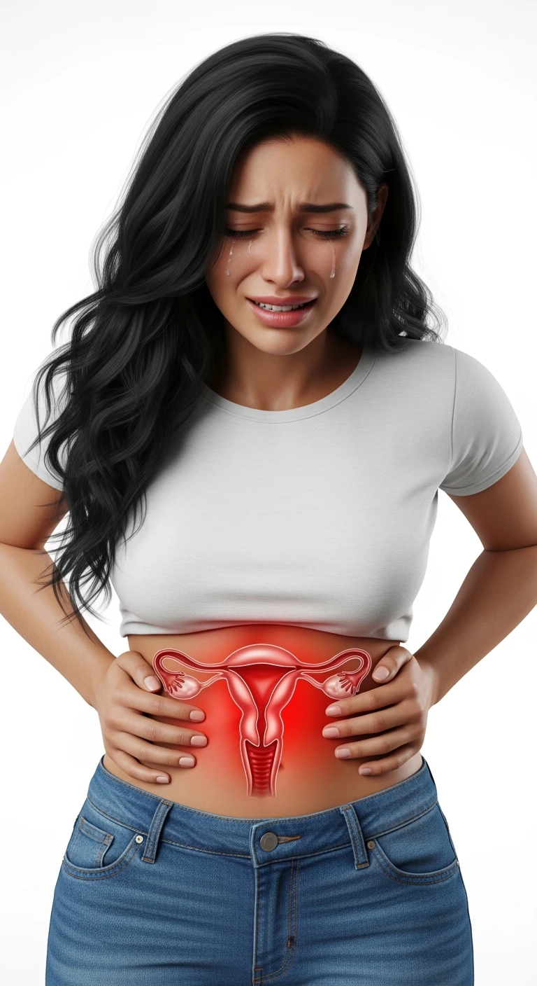 donna con utero umano realistico in evidenza dolorante, espressione di dolore in volto, sfondo bianco, iperrealistica 4k emoji