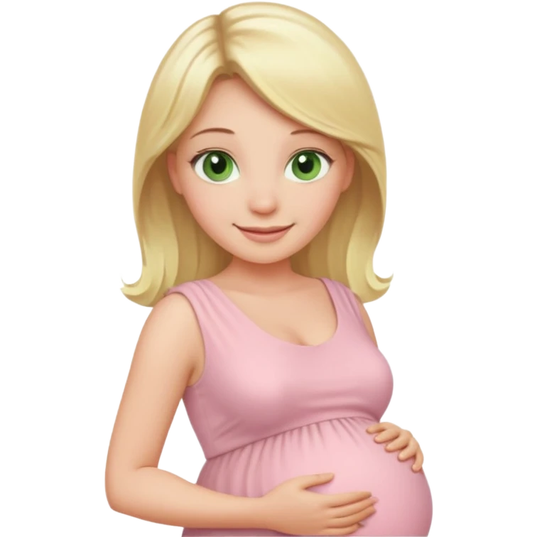 blond pregnant woman smiling in pink pale dress with green eyes emoji