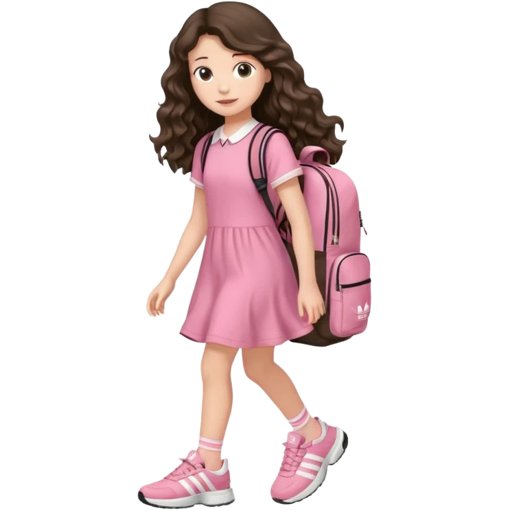aestethic brunette very,very,very long wavy hair walking with a school backpack, with a cute pink dress, adidas shoes emoji