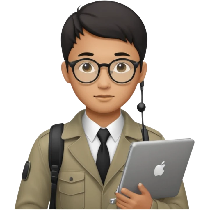a asia man guy his 20s wearing an apple notebook, wearing bodyguard radio operator, round glasses, achromatic clothes emoji