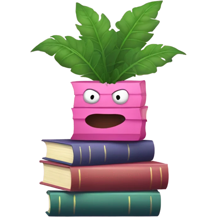 Aesthetic stack of pink books with a monster plant in the background emoji