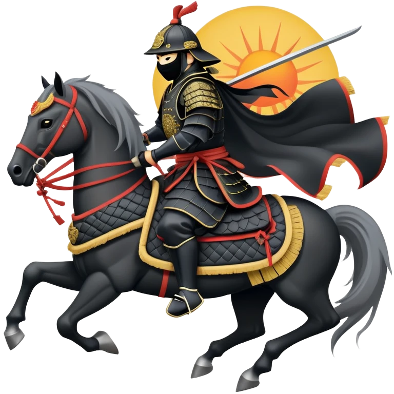 clash-of-clans-aesthetic_-cinematic-fearsome-and-majestic-samurai-bust-portrait-emoji, rendered in a flat, vector-style with minimal shading and bold, simplified shapes typical of emoji art, depicting a battle-hardened samurai with black mask and traditional black Japanese armor. The samurai is riding a noble grey warhorse adorned with an intricately designed saddle and fluttering banners and a rising sun. a samurai riding on a  horse emoji
