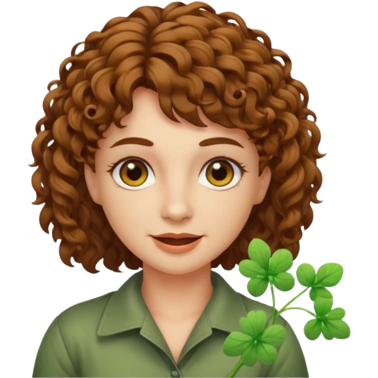 bust woman short curly brown mullet hair brown eyes white skin chewing clover stem, sarcastic grin emoji