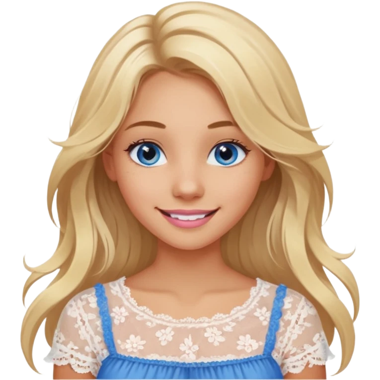 create an emoji of a young woman, tanned face, smile. she has an innocent natural look, very messy extremely long blonde hair, blueeyes, natural soft pink lips. she wears a very loose very white lacy top emoji