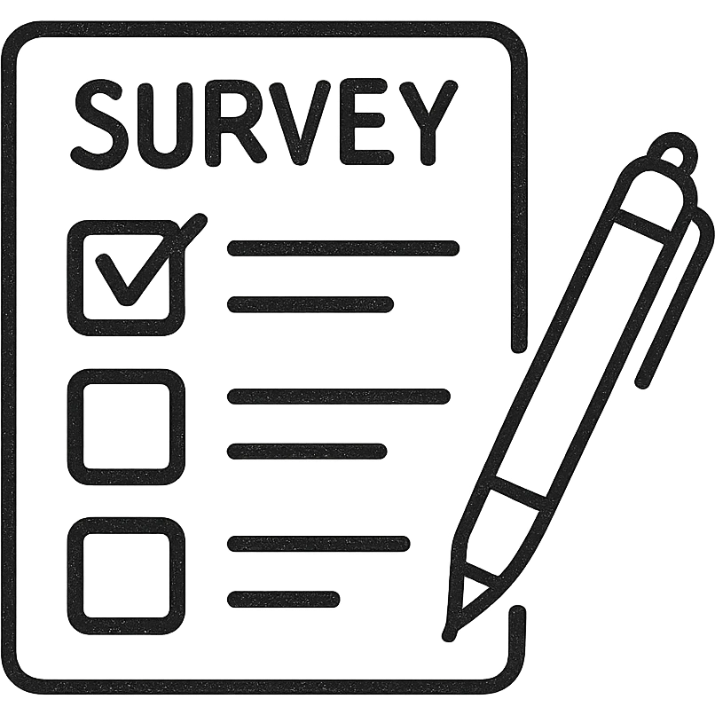 hand-drawn outlined icon of a survey form with a pen emoji