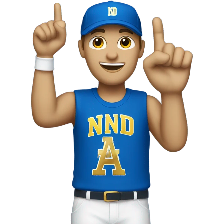 White man with blue cap that says ND in gold letters with a blue foam finger  emoji