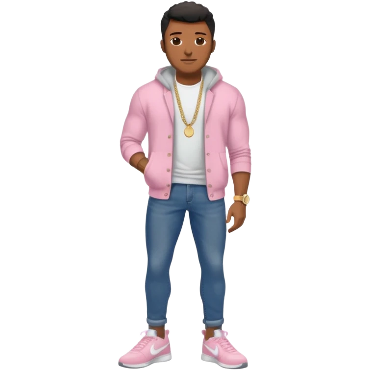 Handsome Black guy with brown skin tone, with muscular build, wearing dark denim jeans, a white t-shirt, pink and gray fuzzy cardigan, white Nike sneakers, a gold watch, and a dainty chain emoji