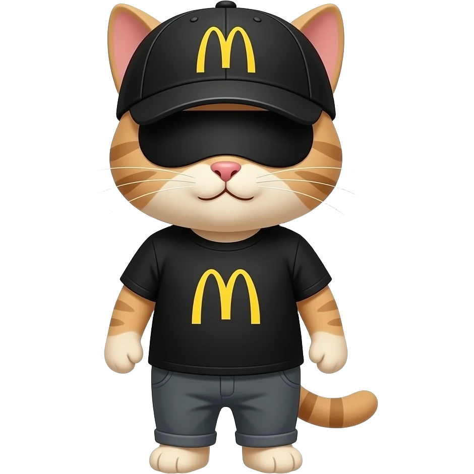 Gato bege com um chapéu de McDonald's preto cobrindo o seus olhos e tem uma camisa preta do McDonald's e uma calça cinza emoji