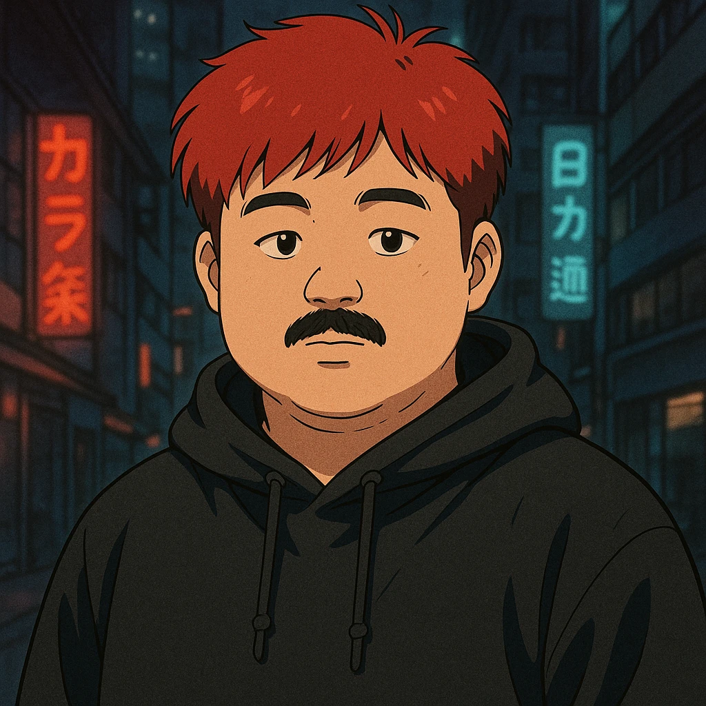 Asian man with a round face, black mustache, red hair, black hoodie, 90s Japanese anime style, soft shading, cyberpunk vibe emoji