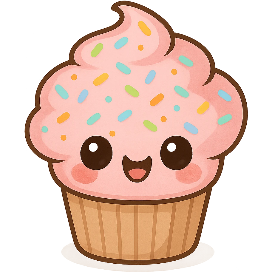 a cute pink cupcake with sprinkles, original design, big eyes, blushing cheeks, joyful emoji