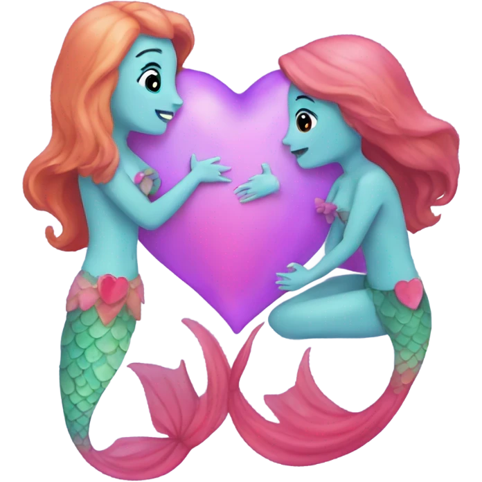two mermaids in love with a heart emoji