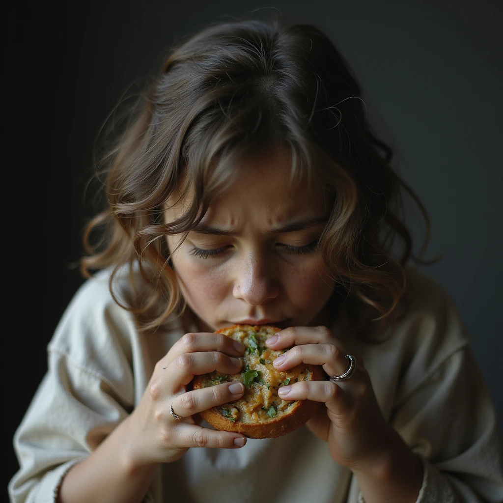 donna triste che mangia insalata, espressione triste, iperrealismo 4K, variazione 7 emoji